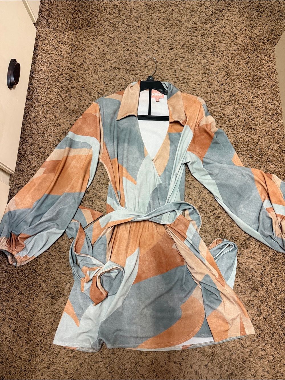 Show Me Your MuMu Long Sleeve Wrap Dress in Rust, Sage, and Cream